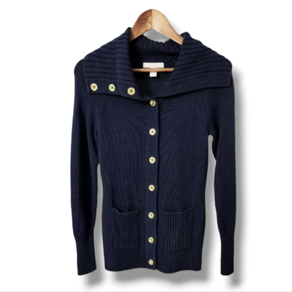 Banana Republic Dramatic Ribbed Wing Collar Navy Cardigan Sweater | XS